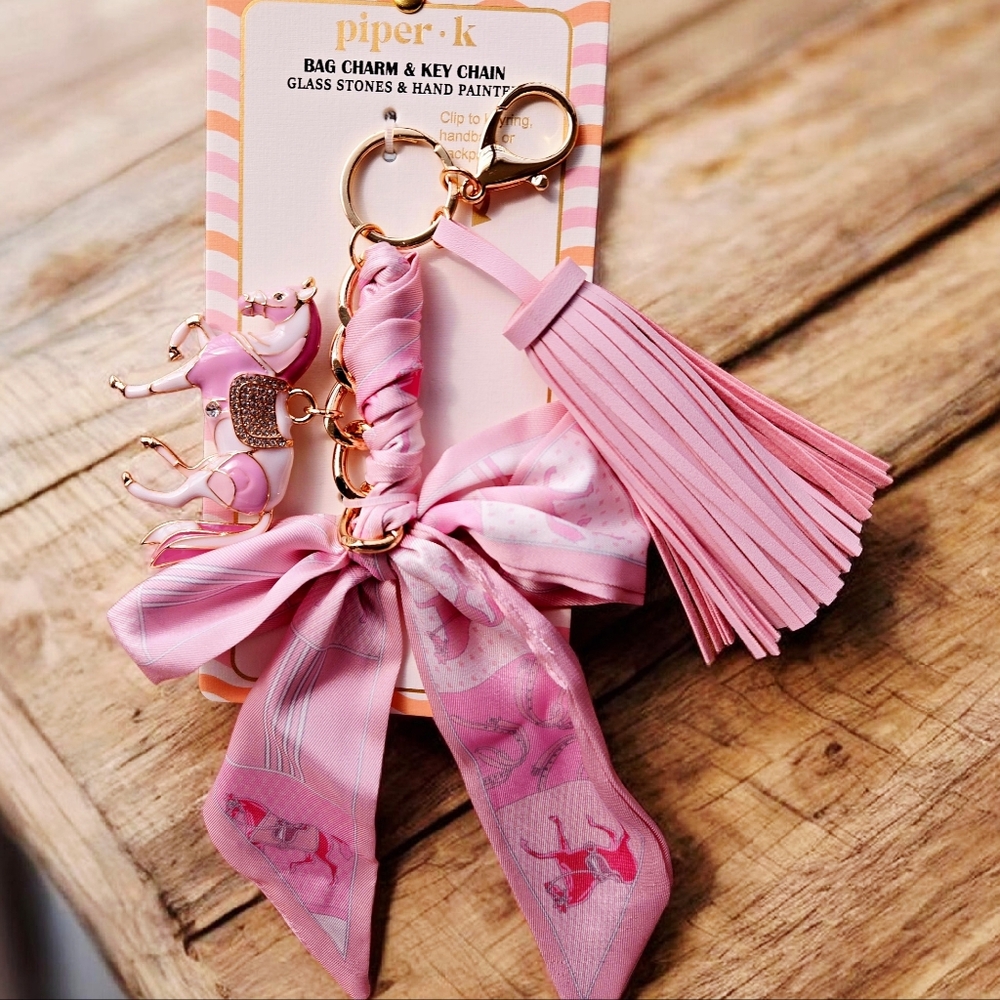 NEW Piper K Pink Bag Charm & Key Holder Tassel,Bow Glass Stones & Handpainted - Picture 4 of 4